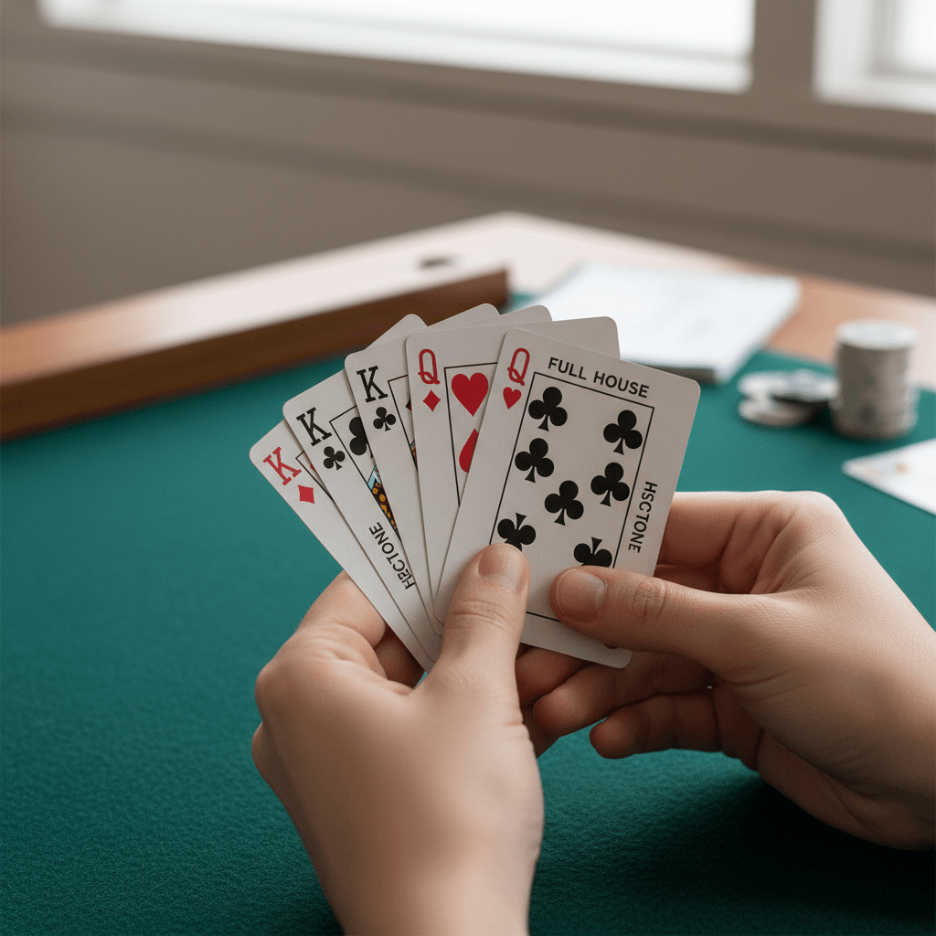 Player's hands displaying strategically arranged cards on green felt table showing face values and suited combinations Player's hands displaying strategically arranged cards on green felt table showing face values and suited combinations